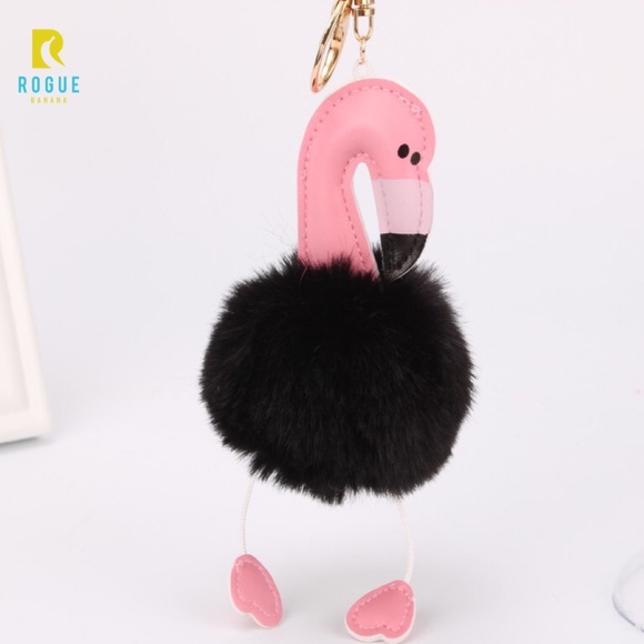 🆕Black Flamingo Pom Puff Gold Keychain Bag Charm! - Picture 2 of 8